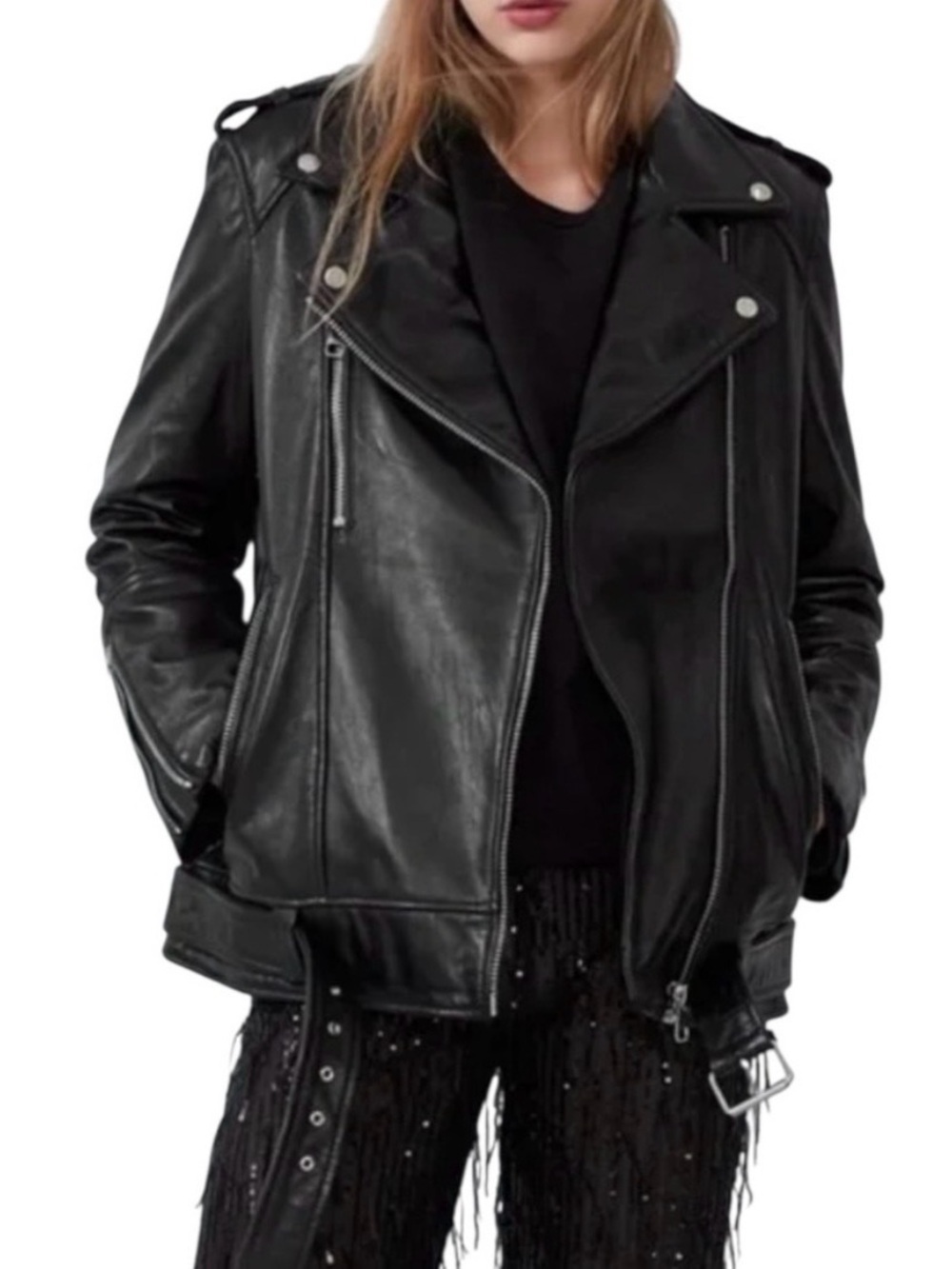 Zara Collection Genuine Leather Sheepskin Moto Biker Jacket Black in S/M
